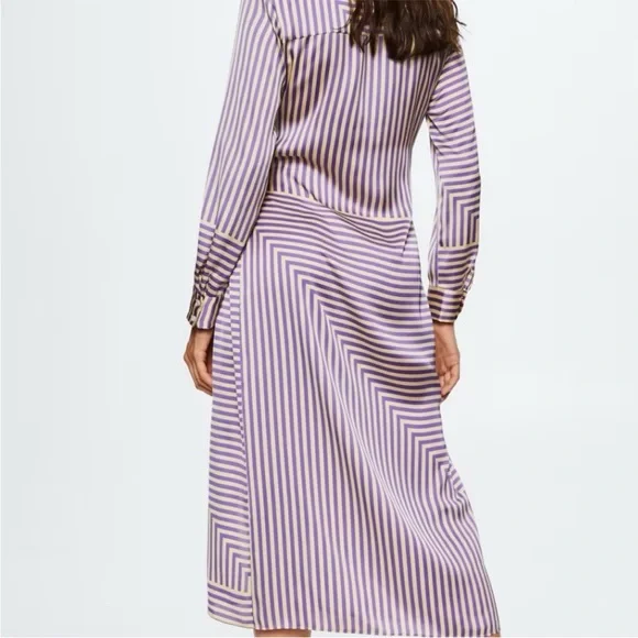 Mango (MNG) Satin Purple & Cream Striped Wrap Dress. Mid Length. Size 8. - Picture 3 of 15